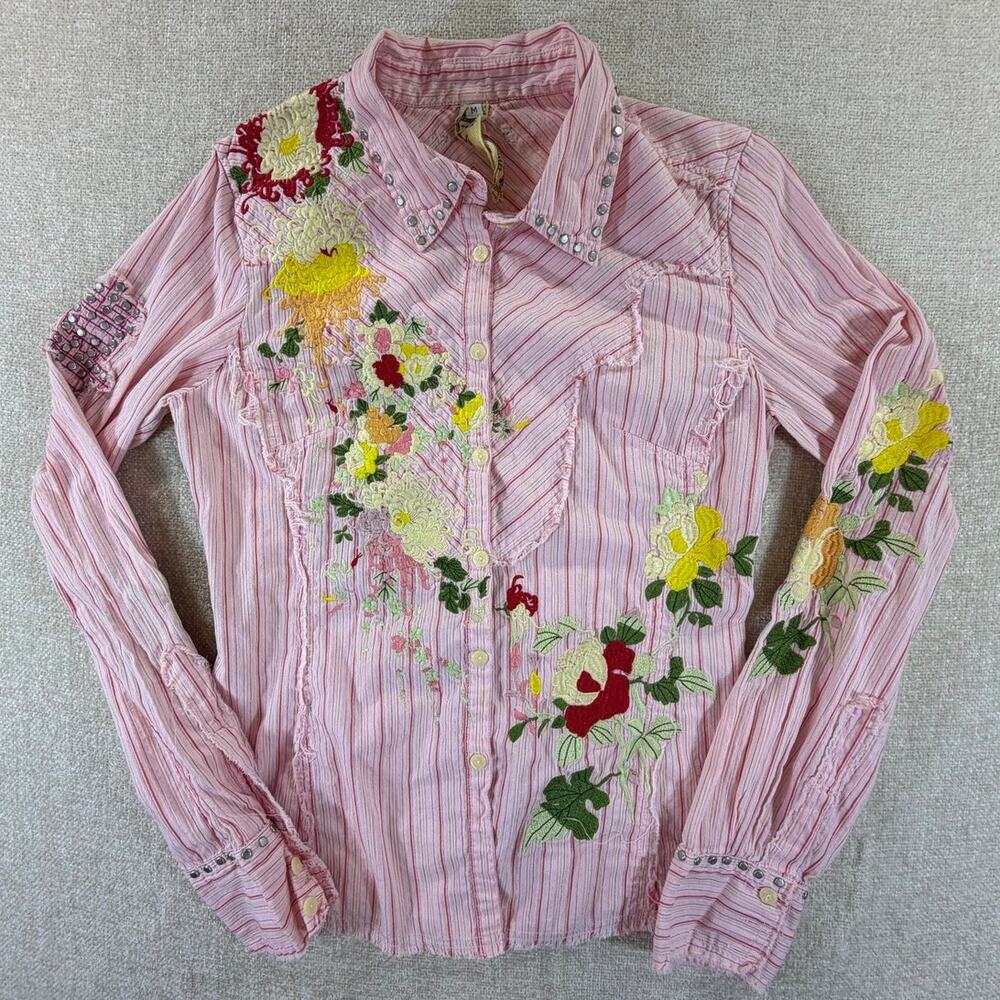 Workshop Women M Pink Floral Western Embroidered  Long Sleeve Button Shirt